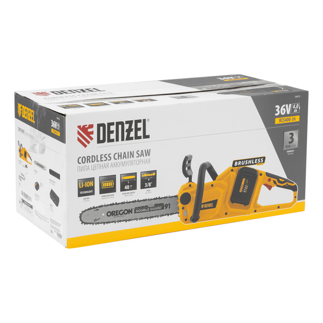 Цепная пила аккумуляторная бесщеточная RCS400-36, Li-ion, 36 В, 4 Ач, шина 400 мм Denzel в Новосибирске