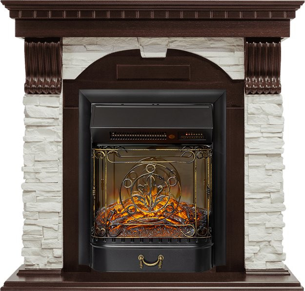 Каминокомплект Dublin угловой - Темный дуб / Сланец белый с очагом Majestic FX M Black RC в Новосибирске