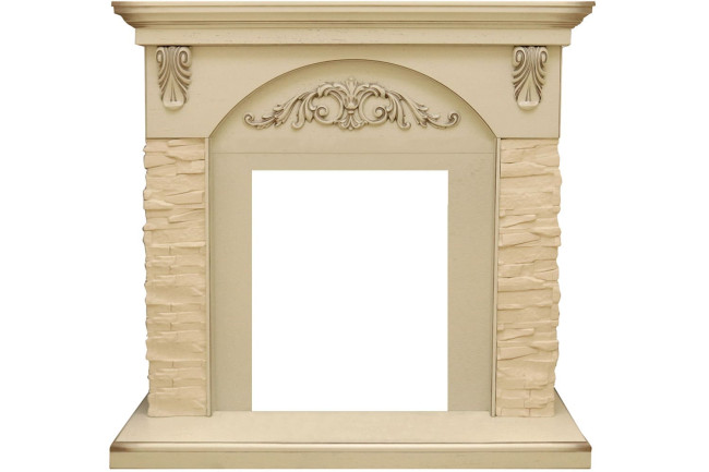 Каминокомплект Bern Сланец крупный бежевый / Алебастр темная патина с очагом Aspen Black в Новосибирске