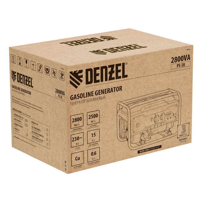 Генератор бензиновый PS 28, 2.8 кВт, 230 В, 15 л, ручной стартер Denzel в Новосибирске