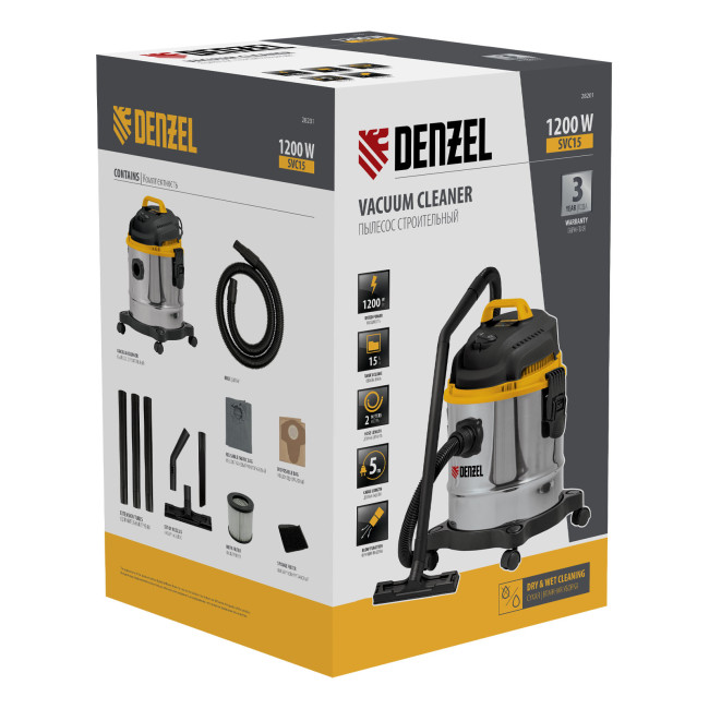 Пылесос строительный SVC15, 1200 Вт, бак 15 л, шланг 2 м Denzel в Новосибирске Пылесос строительный SVC15, 1200 Вт, бак 15 л, шланг 2 м Denzel в Новосибирске