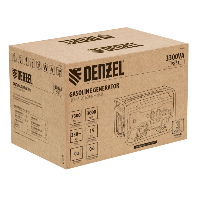 Генератор бензиновый PS 33, 3.3 кВт, 230 В, 15 л, ручной стартер Denzel в Новосибирске