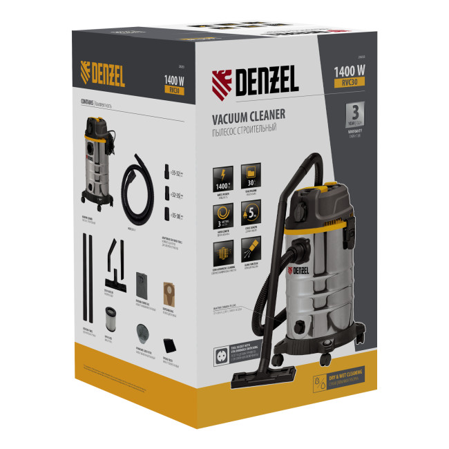 Пылесос строительный RVC30, 1400 Вт, бак 30 л, шланг 3 м, розетка с автосинхр. Denzel в Новосибирске