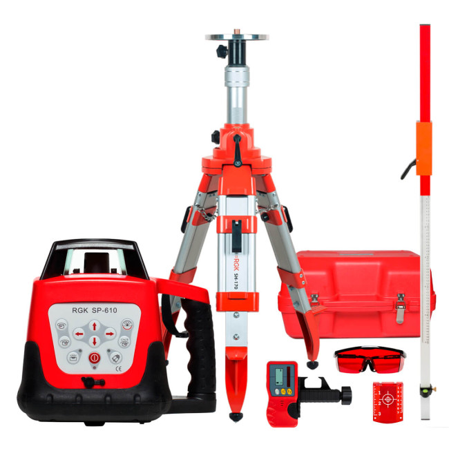 Комплект: ротационный нивелир RGK SP-610 + штатив RGK SH-170 рейка RGK LR-2 в Новосибирске