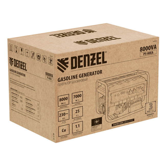 Генератор бензиновый PS 80 EA, 8.0 кВт, 230 В, 25 л, коннектор автоматики, электростартер Denzel в Новосибирске