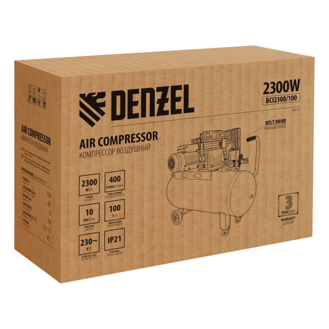 Компрессор воздушный BCI2300/100, ременный привод, 2.3 кВт, 100 литров, 400 л/мин Denzel в Новосибирске