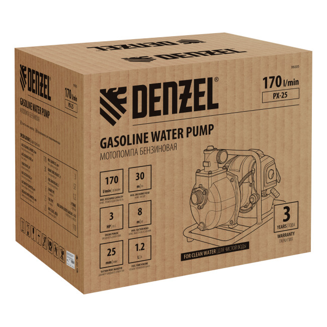 Мотопомпа бензиновая для чистой воды PX-25, 52 см3, 1", 170 л/мин, глуб 8 м, напор 30 м Denzel в Новосибирске Мотопомпа бензиновая для чистой воды PX-25, 52 см3, 1", 170 л/мин, глуб 8 м, напор 30 м Denzel в Новосибирске