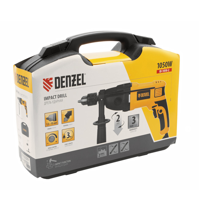 Дрель ударная ID-1050-2, 1050 Вт, 0-3000/0-1100 об/мин, 0-48000/0-17600 уд/мин, 2 скорости Denzel в Новосибирске