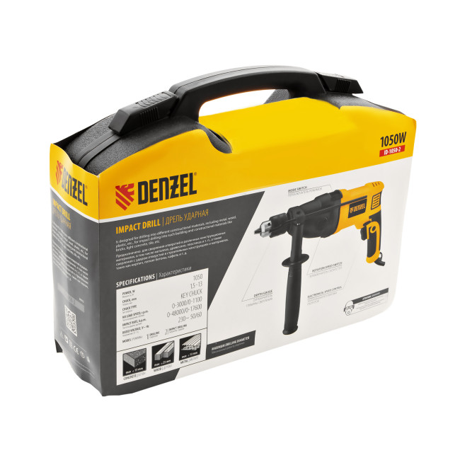 Дрель ударная ID-1050-2, 1050 Вт, 0-3000/0-1100 об/мин, 0-48000/0-17600 уд/мин, 2 скорости Denzel в Новосибирске