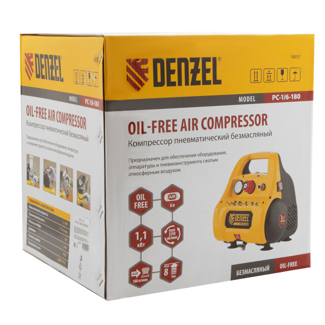 Компрессор воздушный безмасляный РС 1/6-180,1, 1 кВт, 180 л/мин, 6 л Denzel в Новосибирске