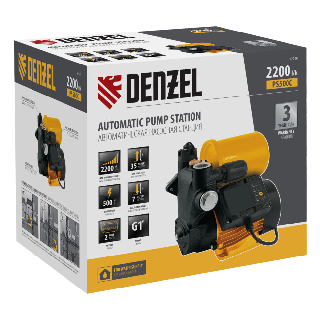 Насосная станция PS500C, 500 Вт, напор 35 м, 2200 л/ч, ресивер 2 л, блок управления Denzel в Новосибирске