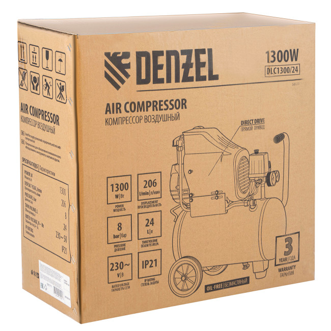Компрессор воздушный DLC1300/24 безмасляный 1.3 кВт, 24 литра, 206 л/мин Denzel в Новосибирске