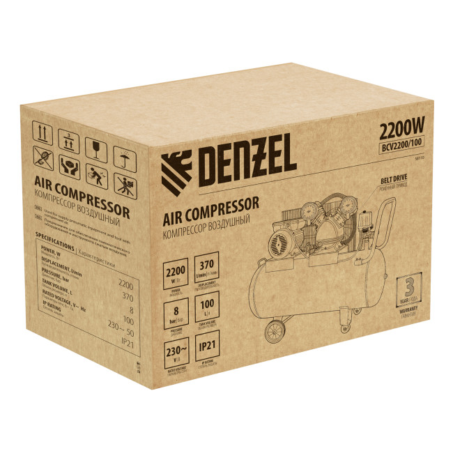 Компрессор воздушный BCV2200/100, ременный привод, 2.2 кВт, 100 литров, 370 л/мин Denzel в Новосибирске