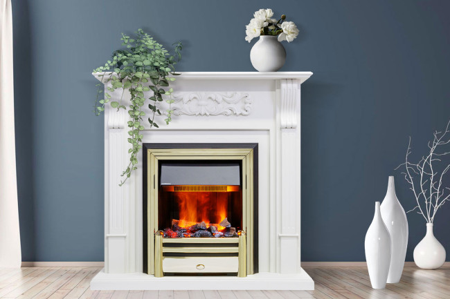 Каминокомплект Venice - Фактурный белый с очагом Danville Antique Brass FB2 в Новосибирске Каминокомплект Venice - Фактурный белый с очагом Danville Antique Brass FB2 в Новосибирске