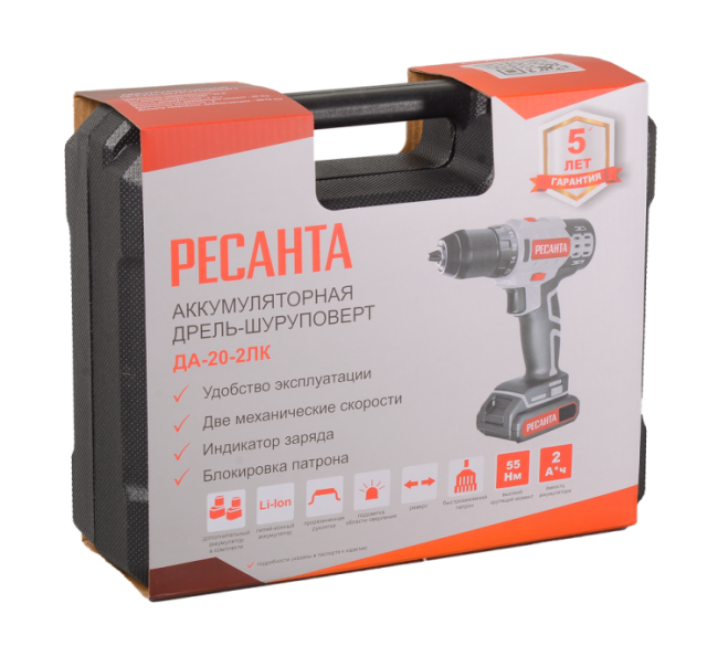 Дрель-шуруповерт аккумуляторная Ресанта ДА-20-2ЛК (2,0 А/ч) в Новосибирске