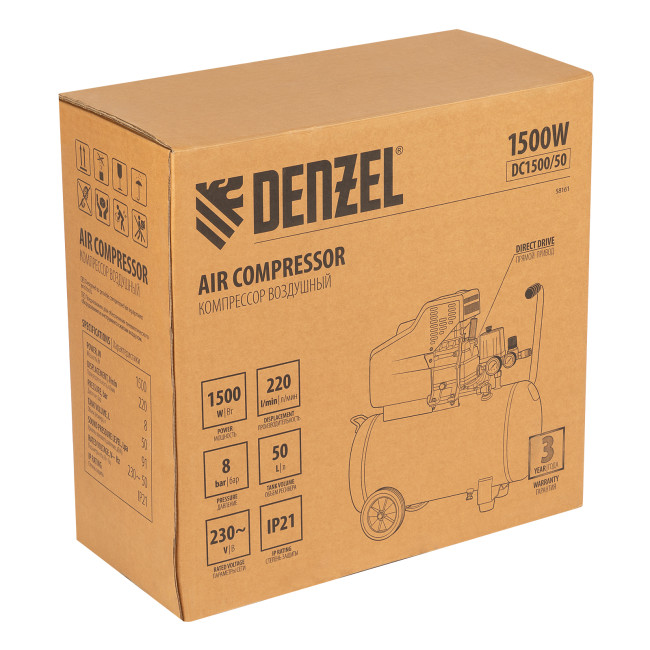 Компрессор воздушный, прямой привод DC1500/50, 1.5 кВт, 50 литров, 220 л/мин Denzel в Новосибирске