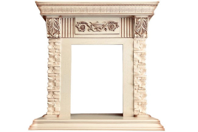 Каминокомплект Luxemburg (каменный) - Сланец/Cлоновая кость с патиной с очагом Majestic FX Black в Новосибирске