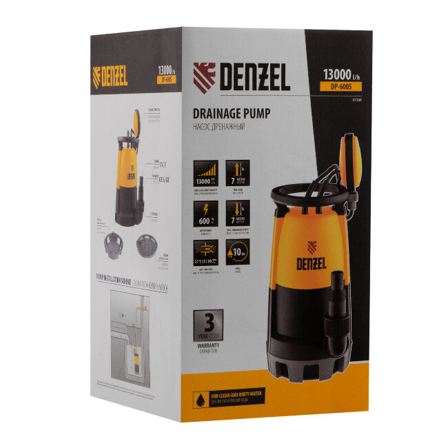 Дренажный насос для чистой и грязной воды DP-600S, 600 Вт, напор 7 м, 13000 л/ч Denzel в Новосибирске