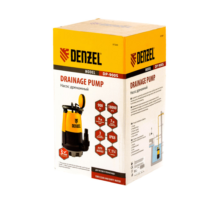 Дренажный насос для чистой и грязной воды DP900S, 900 Вт, напор 9 м, 18000 л/ч Denzel в Новосибирске