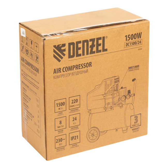 Компрессор воздушный DC1500/24, прямой привод, 1.5 кВт, 24 литра, 220 л/мин Denzel в Новосибирске