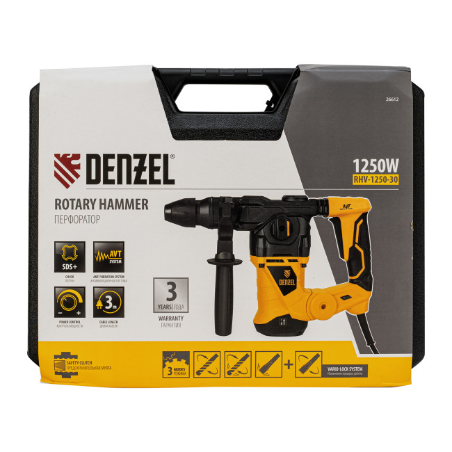 Перфоратор электрический RHV-1250-30, SDS-plus, 1250 Вт, 5 Дж, 3 плюс 1 режим Denzel в Новосибирске