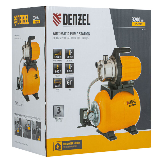 Насосная станция PS800X, 800 Вт, 3200 л/ч, ресивер 24 л, подъем 38 м, нержавейка Denzel в Новосибирске