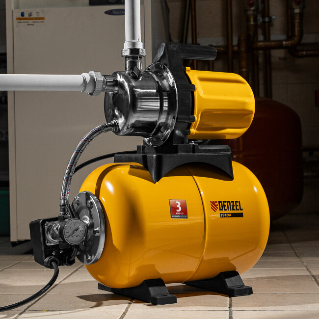 Насосная станция PS800X, 800 Вт, 3200 л/ч, ресивер 24 л, подъем 38 м, нержавейка Denzel в Новосибирске