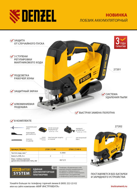 Лобзик аккумуляторный CJ-80, 18В Li-Ion Denzel в Новосибирске