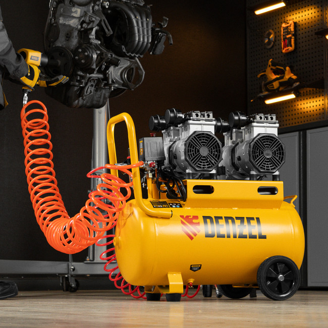 Компрессор безмасляный, малошумный DLS 2200/50, 2200 Вт, 2x1100, 50 л, 380 л/мин Denzel в Новосибирске