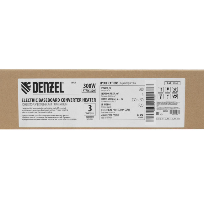 Конвектор электрический плинтусный ATRIC-300, 230 В, 300 Вт, ТЭН, черный Denzel в Новосибирске