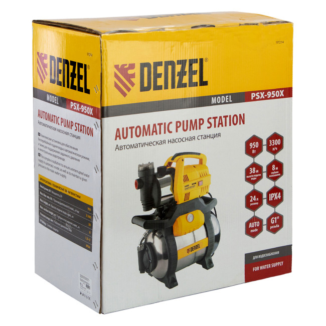 Насосная станция PSХ950X, Х-Pro, 950 Вт, 3300 л/ч, ресивер 24 л, подъем 38 м, нержавейка Denzel в Новосибирске