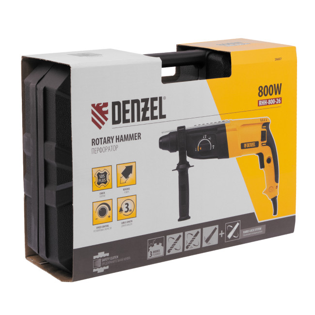 Перфоратор электрический RHH-800-26, SDS-plus, 800 Вт, 3 Дж, 3 плюс 1 реж. Denzel в Новосибирске Перфоратор электрический RHH-800-26, SDS-plus, 800 Вт, 3 Дж, 3 плюс 1 реж. Denzel в Новосибирске
