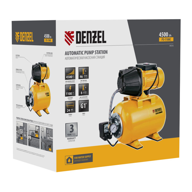 Насосная станция PS1100С, 1100 Вт, 4500 л/ч, ресивер 24 л, подъем 46 м, чугун Denzel в Новосибирске