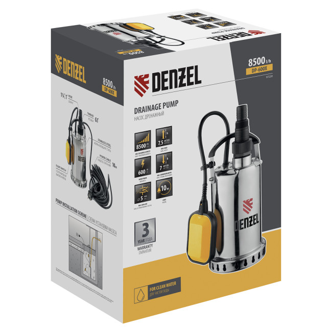 Дренажный насос DP600X, 600 Вт, подъем 7.5 м, 8500 л/ч Denzel в Новосибирске