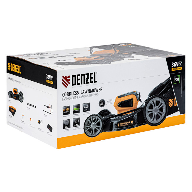 Газонокосилка аккумуляторная бесщеточная RLM450-36, Li-ion, 36 В, 4 Ач, 450 мм, травосборник 40 л Denzel в Новосибирске