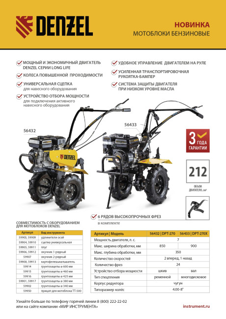 Мотоблок DPT-270, 7 л.с., ремен.сцеп, шир 85 см, глуб 35 см,фрез 3х4,ШОМ,скор 2В/1Н,кол 8" Denzel в Новосибирске
