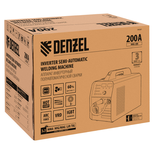 Аппарат инвертор. полуавтомат. cварки IMIG-200, 200 А, ПВ 60%, катушка 5 кг Denzel в Новосибирске