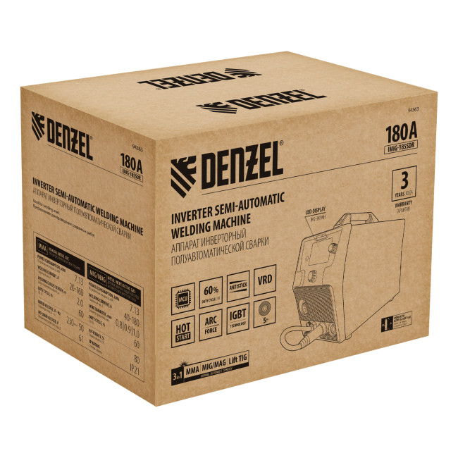 Аппарат инвертор. полуавтомат. cварки IMIG-185SDR, 180 А, ПВ 60%, катушка 5 кг Denzel в Новосибирске