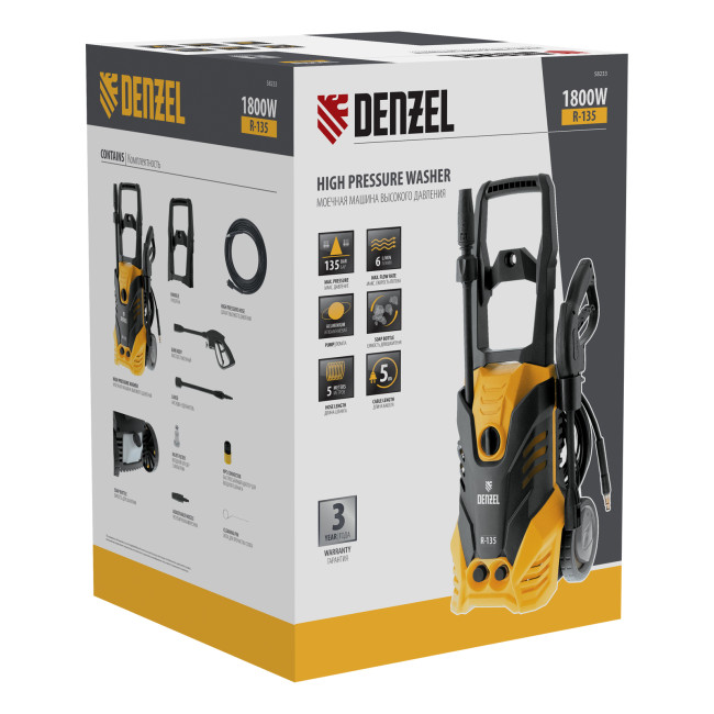 Моечная машина высокого давления R-135, 1800 Вт, 135 бар, 6 л/мин, колесная Denzel в Новосибирске