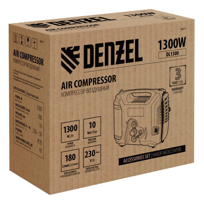 Компрессор воздушный DL1300, 10 бар, 1,3 кВт 180 л/мин 5 л, с набором аксессуаров Denzel в Новосибирске