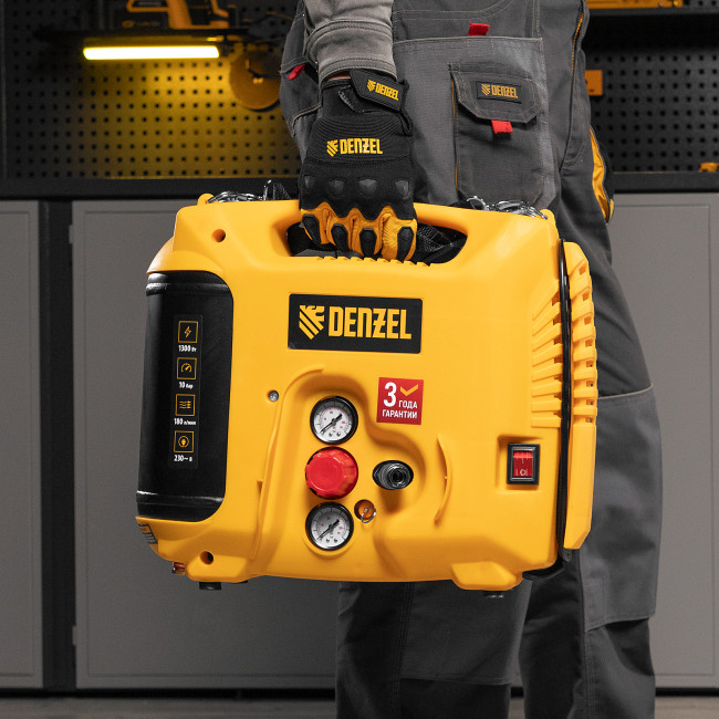 Компрессор воздушный DL1300, 10 бар, 1,3 кВт 180 л/мин 5 л, с набором аксессуаров Denzel в Новосибирске