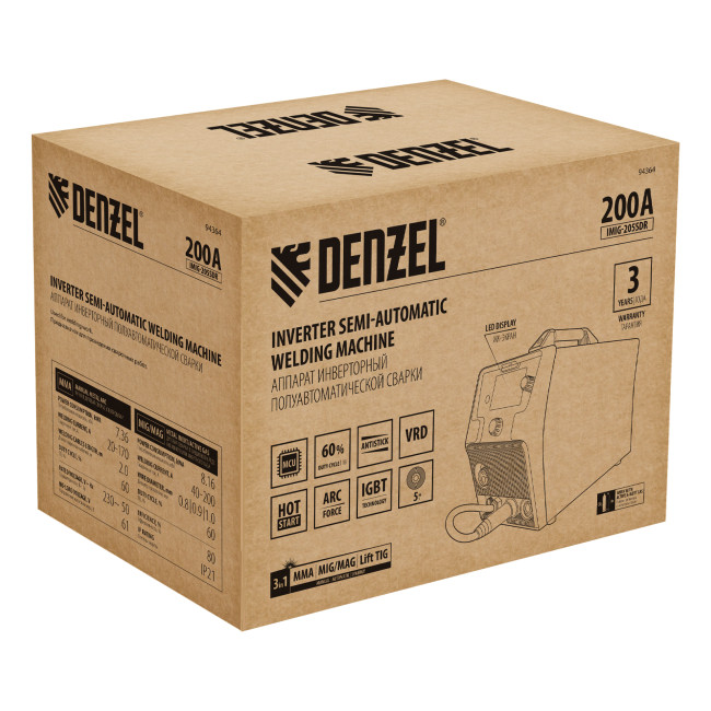 Аппарат инвертор. полуавтомат. cварки IMIG-205SDR, 200 А, ПВ 60%, катушка 5 кг Denzel в Новосибирске