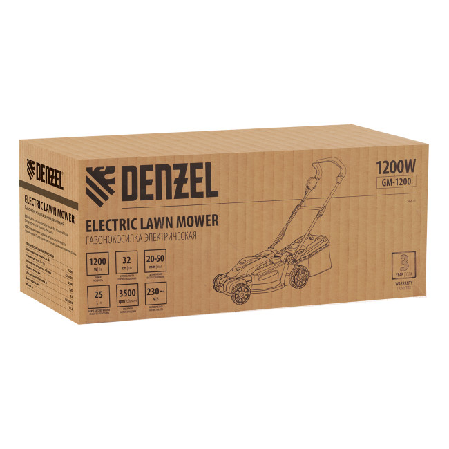 Газонокосилка электрическая GM-1200, 1200 Вт, ширина 32 см, 3 уровня, травосборник 25 л. Denzel в Новосибирске