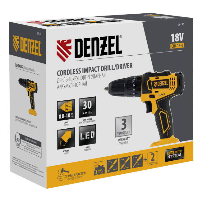 Дрель-шуруповерт аккумуляторная ударная CID-18-0, Li-Ion, 18 В Denzel в Новосибирске