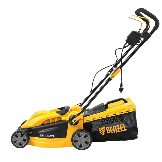 Газонокосилка электрическая GM-1600, 1600 Вт, ширина 36 см, 3 уровя, травосборник 35 л. Denzel в Новосибирске