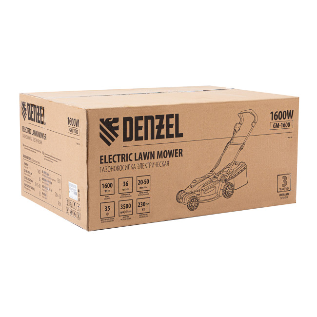 Газонокосилка электрическая GM-1600, 1600 Вт, ширина 36 см, 3 уровя, травосборник 35 л. Denzel в Новосибирске