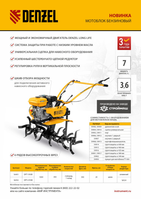 Мотоблок DPT-270SB, 7 л.с., ремен.сцеп, фрез 3х4, ШОМ, без колес, передачи 2В/1Н Denzel в Новосибирске