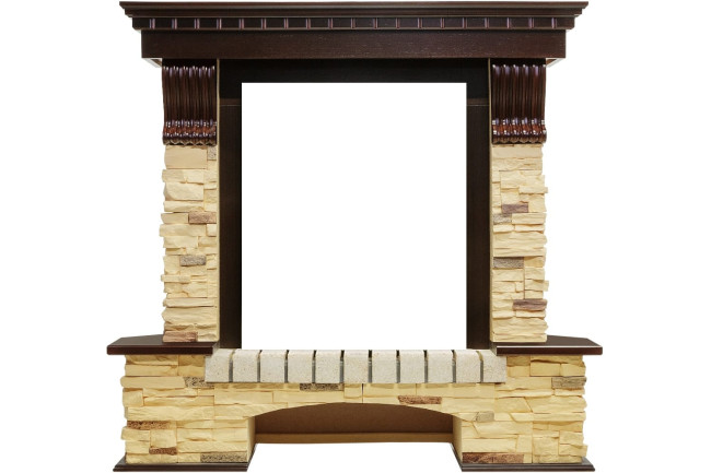 Каминокомплект Pierre Luxe угловой - Темный дуб / Сланец с очагом Fobos FX Brass в Новосибирске