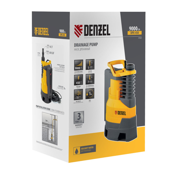 Дренажный насос DPХ450, 450 Вт, подъем 5 м, 9000 л/ч Denzel в Новосибирске