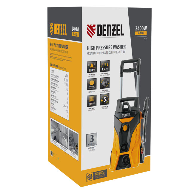 Моечная машина высокого давления R-180i, 2400 Вт, 180 бар, 7.5 л/мин, асинхронный двигатель Denzel в Новосибирске